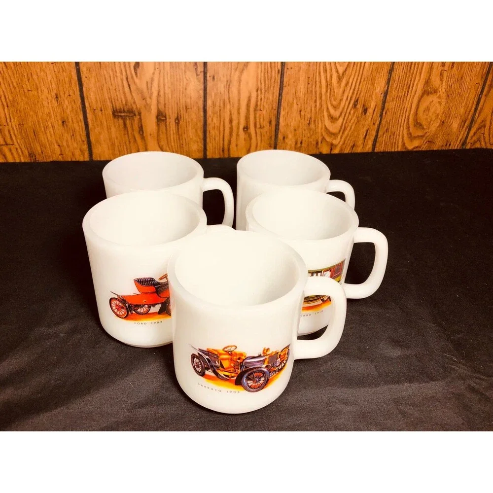 RARE Milk Glass Coffee stacking Mugs Vintage CARS Lot Of 5